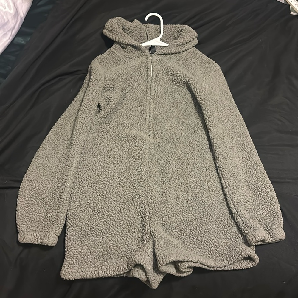 Grey fuzzy romper with hoodie